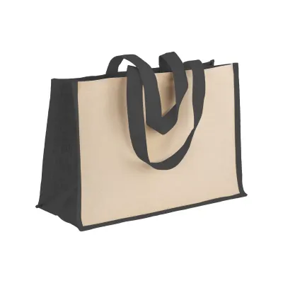Pungă de cumpărături din bumbac de 280 g/m², cu detalii din iută, mânere lungi și pliu lateral – cu imprimare personalizată