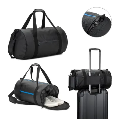 Geantă sport cilindrică din poliester reciclat 600D de înaltă densitate cu compartiment lateral pentru pantofi Osasco Sport – cu imprimare personalizată
