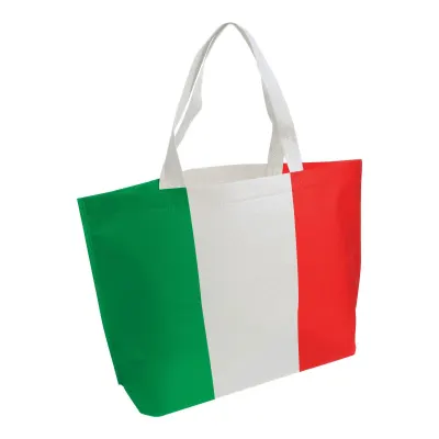 Pungă de cumpărături din material nețesut, sudată termic, cu pliu de lărgire, cu mânere lungi și imprimeu tricolor – cu imprimare personalizată