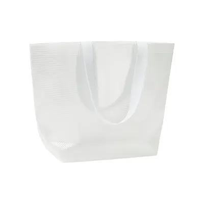 Pungă de cumpărături transparentă, laminată, din PP, 110 g/m². Mânere lungi din poliester colorat și pliu de lărgire – cu imprimare personalizată