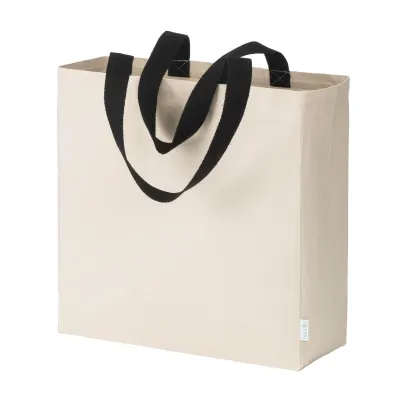 Geantă de cumpărături maxi din bumbac reciclat, 280 g/m², de culoare naturală, cu mânere colorate – cu imprimare personalizată