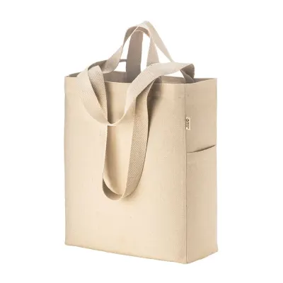 Geantă de cumpărături din pânză de bumbac reciclată, de 280 g/m², cu mânere duble și pliu de lărgire – cu imprimare personalizată