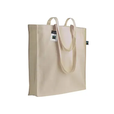 Pungă de cumpărături Fairtrade® de 140 g/m², cu mânere lungi și pliuri – cu imprimare personalizată