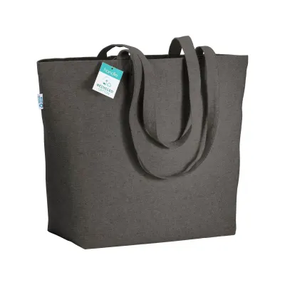 Pungă de cumpărături din bumbac reciclat, 280 g/m², cu mânere lungi și pliu lateral – cu imprimare personalizată