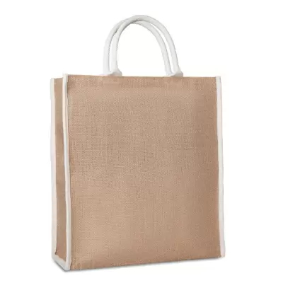 Tote bag iută laminată pentru cumpărături, cu mânere scurte din bumbac, întărite și cusături albe