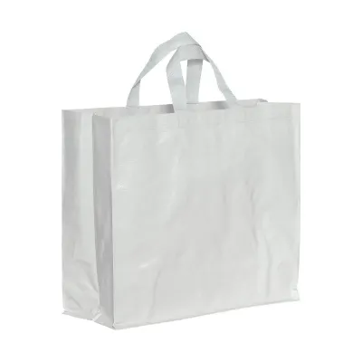 Pungă de cumpărături din PP laminat reciclat, de 120 g/m², cu pliu lateral și mânere scurte – cu imprimare personalizată