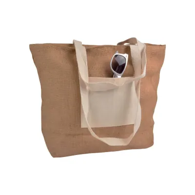 Tote bag de cumpărături din iută, cu pliu de întărire la bază, din bumbac natural, cu închidere cu fermoar