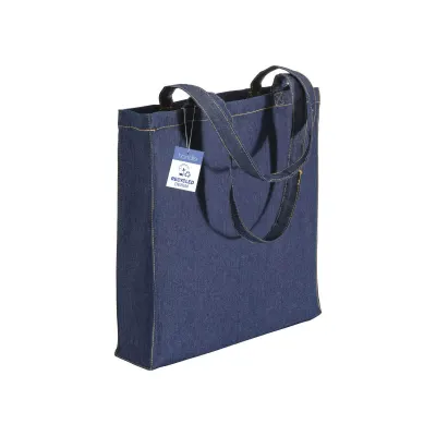 Geantă de cumpărături din denim din bumbac reciclat, 180 g/m², cu mânere lungi și pliu lateral – cu imprimare personalizată