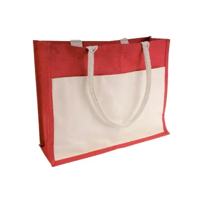 Tote bag din iută cu interior din PVC, clapă de întărire, mânere lungi și buzunar exterior