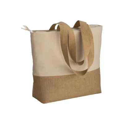 Pungă de cumpărături din bumbac de 280 g/m², cu fund din iută, mânere lungi și pliu de lărgire – cu imprimare personalizată