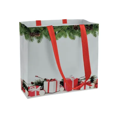 Pungă de cumpărături din material nețesut, cu mânere lungi și pliu lateral, cu imprimeu tematic – cu imprimare personalizată