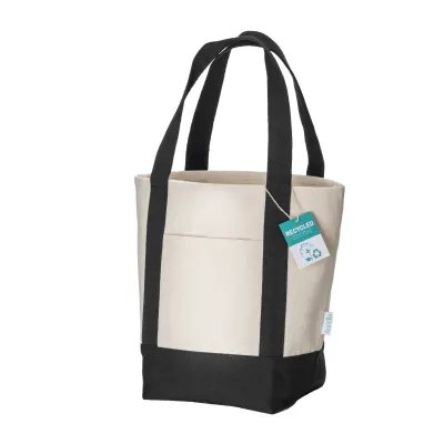 Geantă de cumpărături mini, confecționată din bumbac reciclat de 340 g/m², cu mânere și bază colorate. GRS – cu imprimare personalizată
