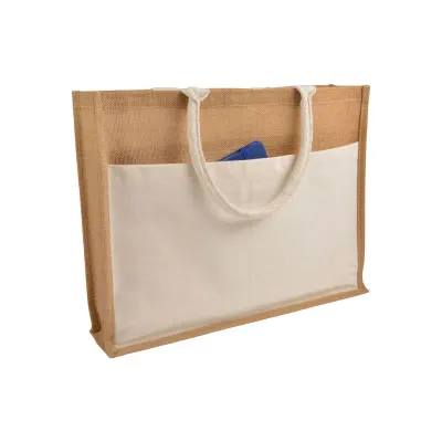 Tote bag de cumpărături din iută, cu interior cerat, pliu de lărgire, mânere și buzunar frontal din bumbac natural
