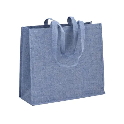 Pungă de cumpărături din bumbac reciclat de 120 g/m², cu strat interior din PP, mânere lungi și pliu de lărgire – cu imprimare personalizată
