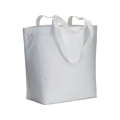 Pungă de cumpărături laminată din PET reciclat (R-PET), cu pliu la bază și mânere lungi din poliester – cu imprimare personalizată