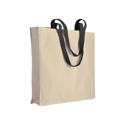 Pungă de cumpărături din bumbac natural, de 220 g/m², cu mânere lungi colorate și pliu lateral – cu imprimare personalizată