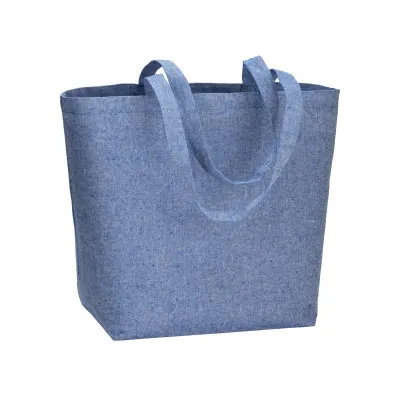 Pungă de cumpărături din bumbac reciclat de 120 g/m², cu strat interior din PP, mânere lungi și pliu de lărgire din poliester – cu imprimare personalizată