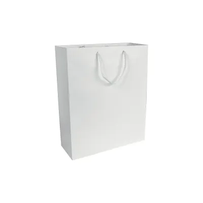 Pungă de cumpărături din hârtie laminată mată de 157 g/m², cu pliu lateral și întărire la bază – cu imprimare personalizată
