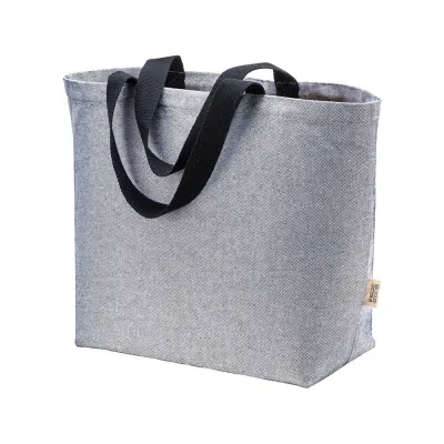 Geantă din bumbac reciclat, 340 g/m², cu efect melanj. Mânere lungi colorate și pliu lateral – cu imprimare personalizată