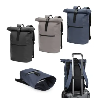 Rucsac cu închidere rulată din PU, cu buzunar pentru laptop de 16" Portland – cu imprimare personalizată