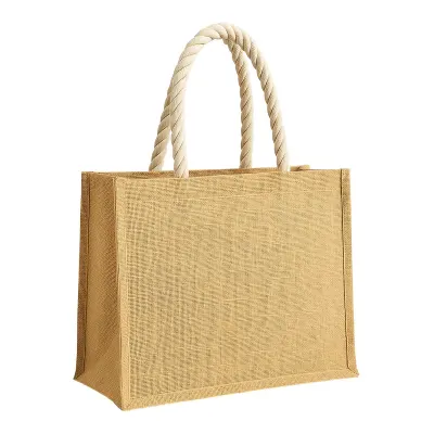 Geantă din iută cu mânere lungi din frânghie și inserții colorate. Cu pliu lateral din bumbac – cu imprimare personalizată