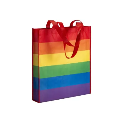 Pungă de cumpărături R-pet „Rainbow” de 80 g/m², cu mânere lungi și pliu lateral – cu imprimare personalizată