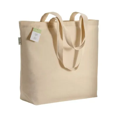Geantă de cumpărături din bumbac organic, cu mânere lungi și întăritură la bază – cu imprimare personalizată