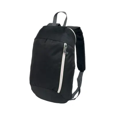 Rucsac negru din poliester 600D, cu 2 buzunare și fermoare colorate. Curele și spate căptușite – cu imprimare personalizată