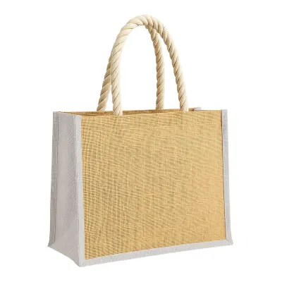 Geantă din iută cu mânere lungi din frânghie și inserții colorate. Cu pliu lateral – cu imprimare personalizată