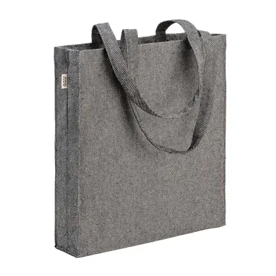 Geantă de cumpărături din bumbac reciclat, 300 g/m², cu efect melanj. Mânere lungi și pliu lateral – cu imprimare personalizată