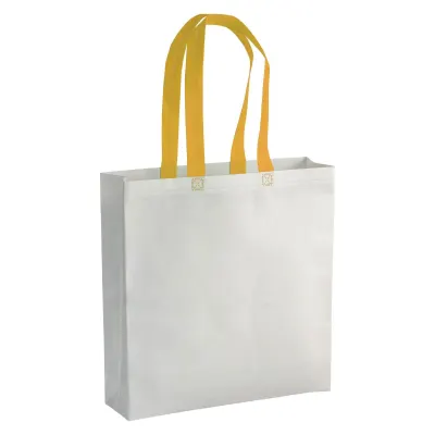 Pungă de cumpărături din material nețesut laminat, termosudat, de 100 g/m², cu pliu lateral și mânere lungi – cu imprimare personalizată
