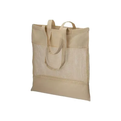 Pungă de cumpărături din bumbac natural, de 135 g/m², cu plasă în partea centrală și mânere lungi – cu imprimare personalizată