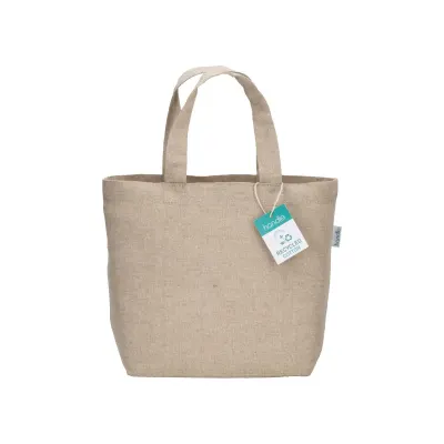Pungă de cumpărături din bumbac reciclat, de 150 g/m², cu mâner scurt – cu imprimare personalizată